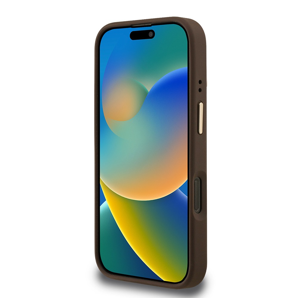 Apple iPhone 16 Pro Max Kılıf Guess Orjinal Lisanslı PU Deri Taşlı Üçgen Logo 4G Desenli Kamera Standlı Kapak
