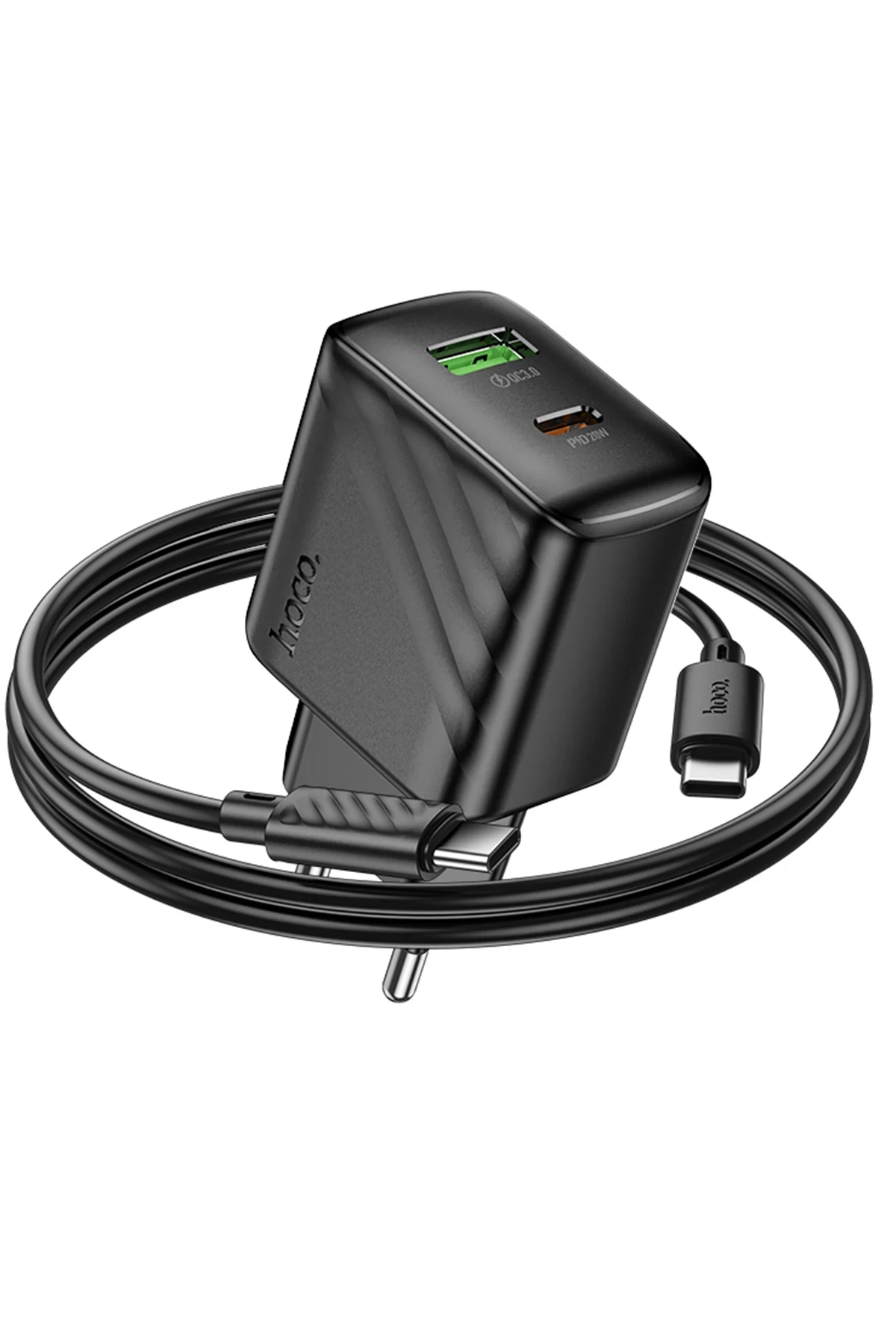 Hoco. CS25A Rico 20W 1 Adet Type-C ve 1 Adet USB 3.0 QC Çıkışlı Ekstra Type-C to Type-C Kablolu PD Hızlı Şarj Aleti