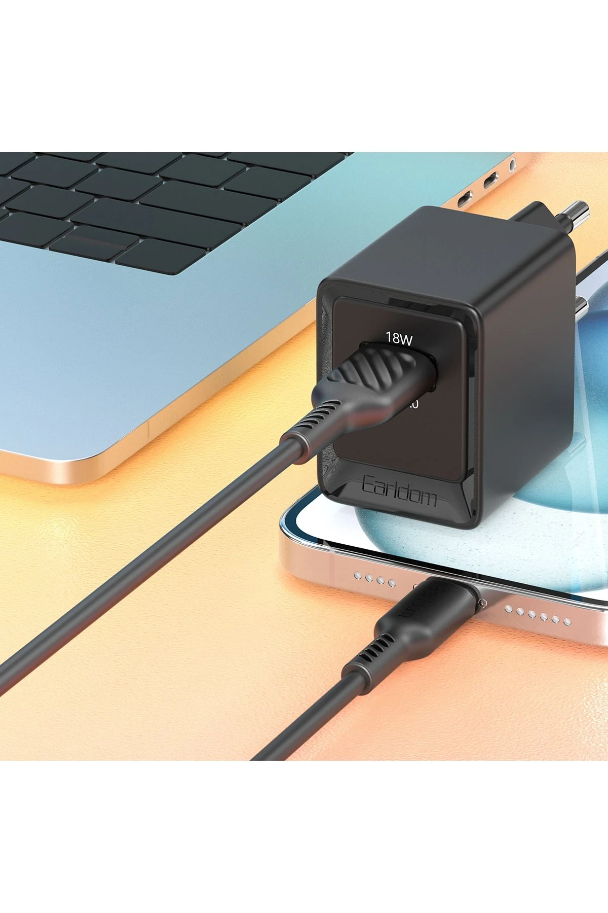 Earldom EU45 18W USB QC 3.0 Çıkışlı ve USB to Lightning Kablolu PD Hızlı Şarj Cihazı