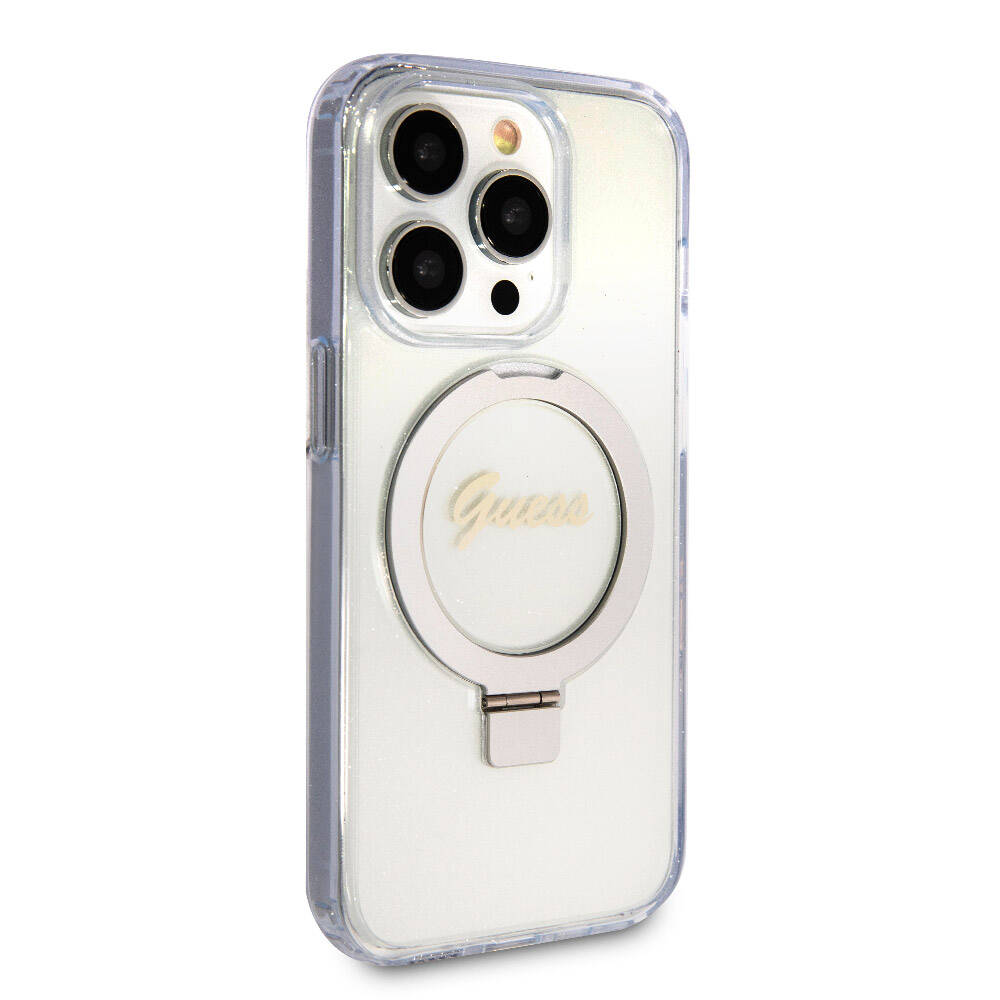 Apple iPhone 15 Pro Max Kılıf Guess Orjinal Lisanslı M-safe Şarj Özellikli Simli Arka Yüzey Ring Standlı Kapak