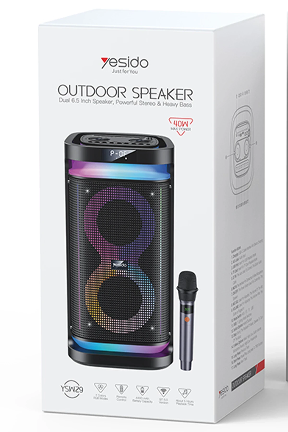 Yesido YSW29 2 Adet 20W Dahili Hoparlörlü 4400 mAh Bataryalı BT 5.0 RGB Kablosuz Hoparlör