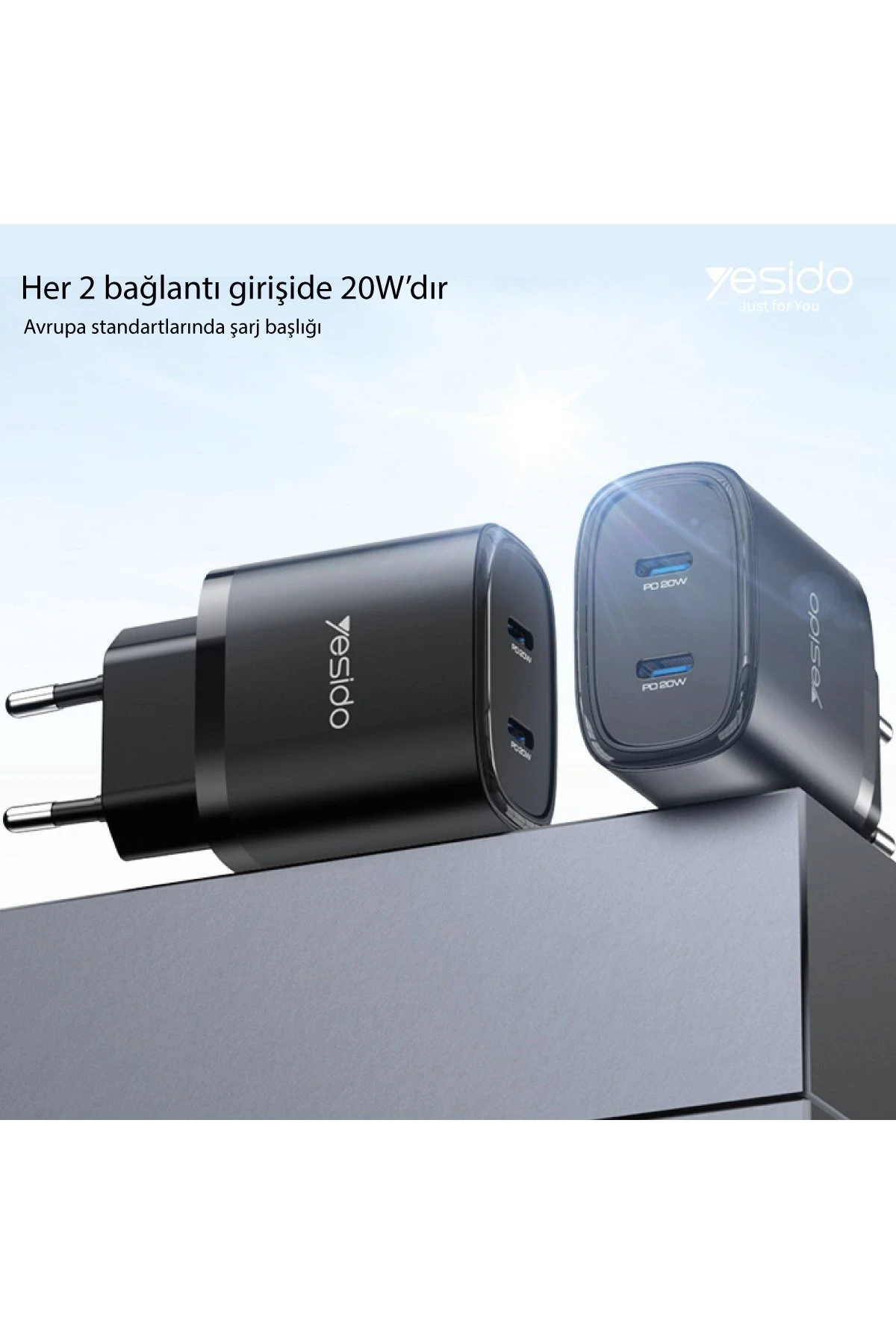 Yesido YC54 2 Adet 20W Type-C Çıkışlı ve 1M 27W Type-C to Lightning Kablolu PD Şarj Cihazı