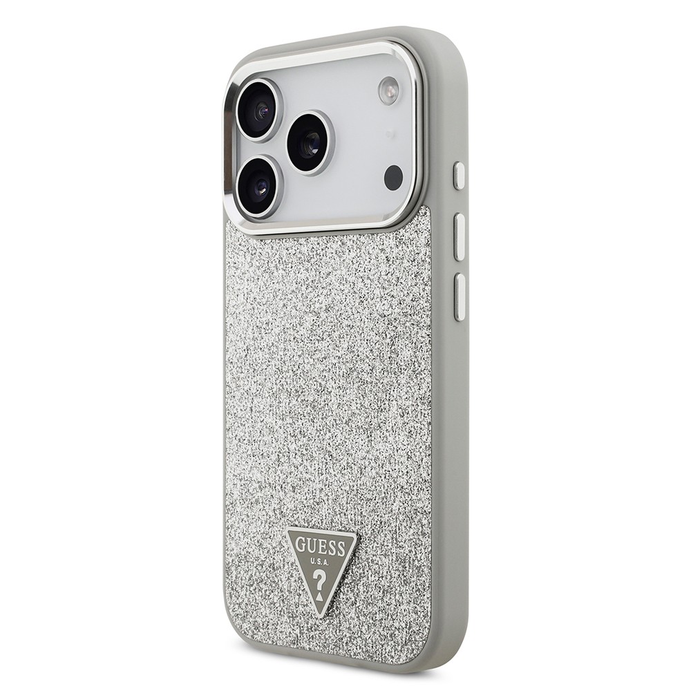 Apple iPhone 17 Pro Kılıf Guess Orjinal Lisanslı M-safe Şarj Özellikli Metal Kamera Çerçeveli Üçgen Logolu Glitter Kapak