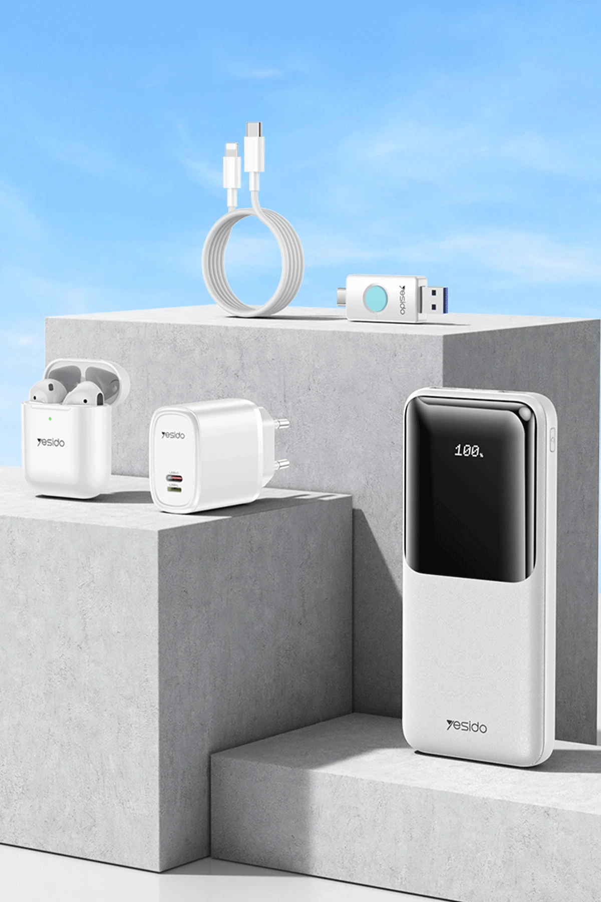 Yesido CG10 5in1 12W Şarj Aleti Kablo Powerbank Flash Bellek Airpods Set