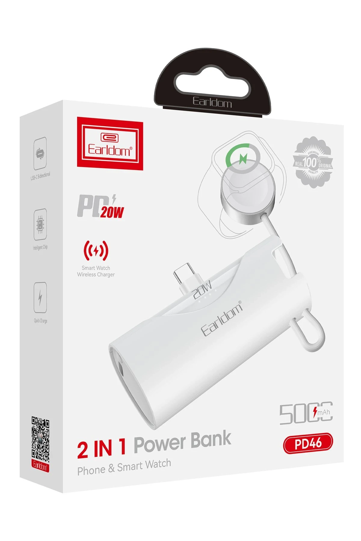 Earldom PD46 5.000 mAh 20W Dahili Type-C Çıkışlı Ekstra Dahili 2.5W Saat Şarj Kablolu PD Hızlı Şarj Mini Powerbank