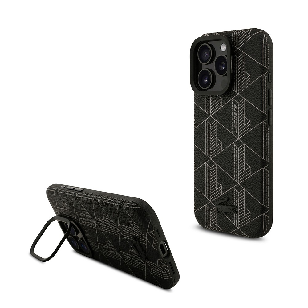 Apple iPhone 16 Pro Max Kılıf Lacoste Orjinal Lisanslı M-safe Şarj Özellikli Standlı PU Deri Karışık Monogram Desenli Kapak