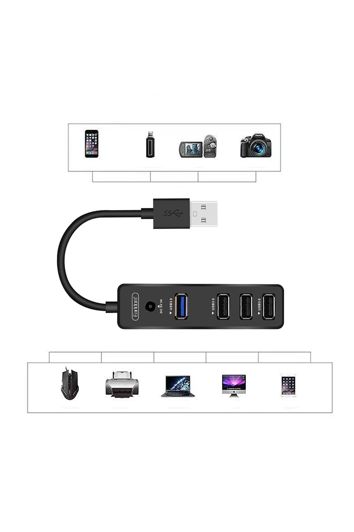 Earldom HUB07 Tak Çalıştır 3 Adet Usb 2.0 ve 1 Adet Usb 3.0 Çıkışlı Usb Çoklayıcı