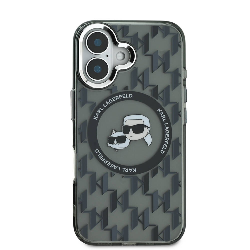 Apple iPhone 16 Kılıf Karl Lagerfeld Orjinal Lisanslı M-safe Şarj Özellikli IML Baskılı Metal Monogram KC Heads Kapak