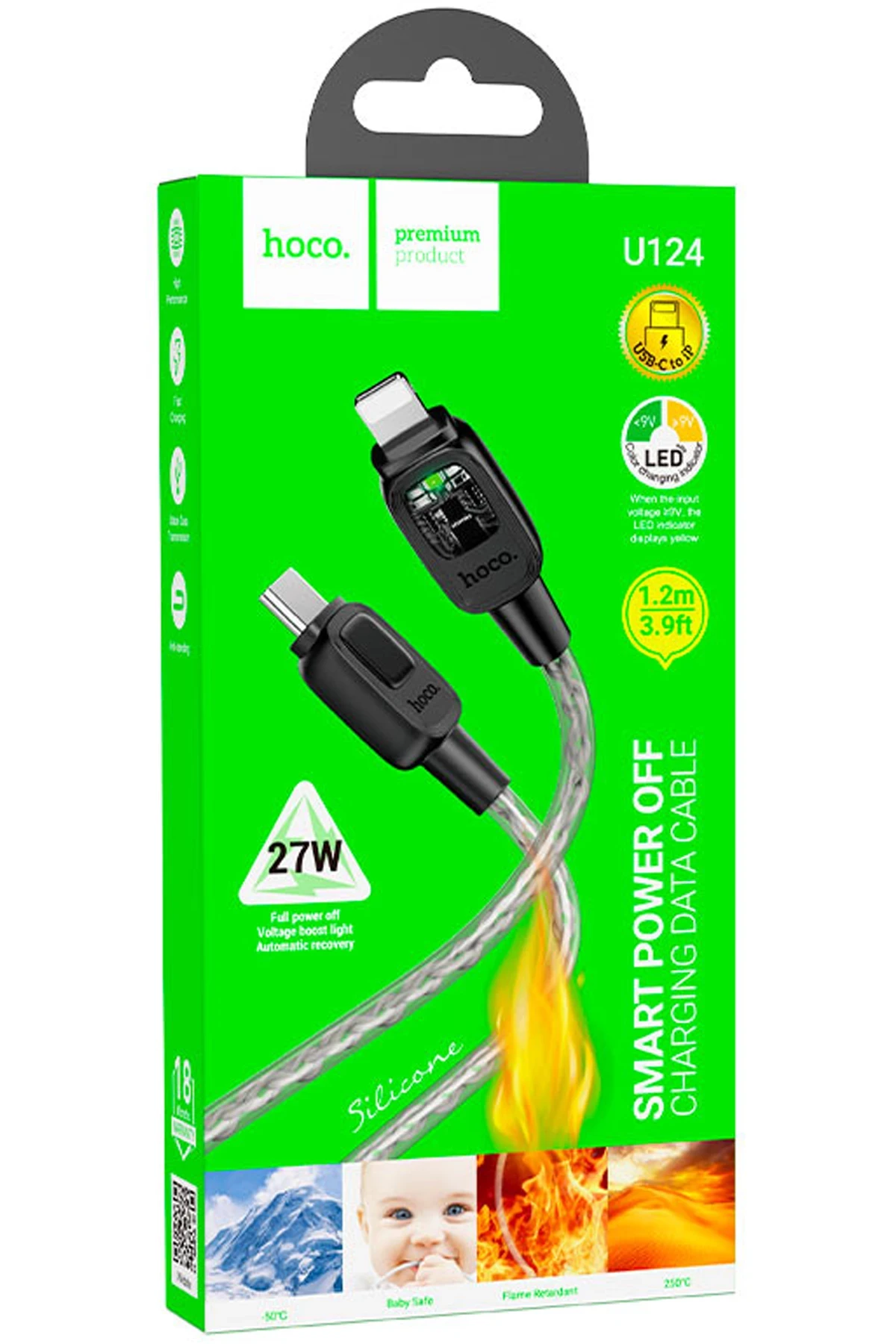 Hoco. U124 Stone 1.2M 27W Type-C to Lightning Otomatik Şarj Kesme Özellikli PD Hızlı Şarj Kablosu