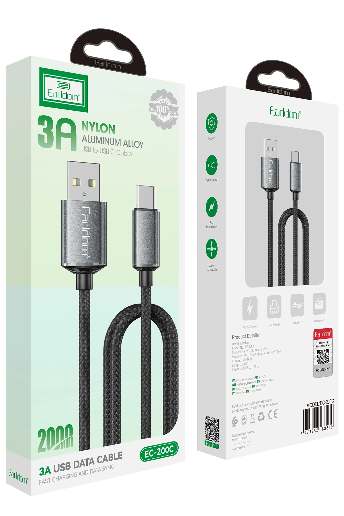 Earldom EC-200C 2M 3A USB to Type-C Hızlı Şarj Kablosu