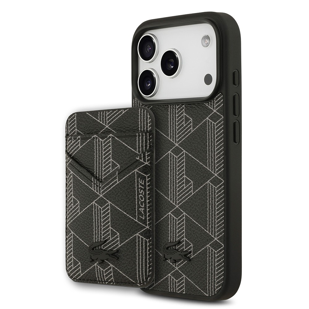 Apple iPhone 17 Pro Kılıf Lacoste Orjinal Lisanslı M-safe Şarj Özellikli PU Deri Tasarımlı Kartlıklı Karışık Monogram Desenli Kapak