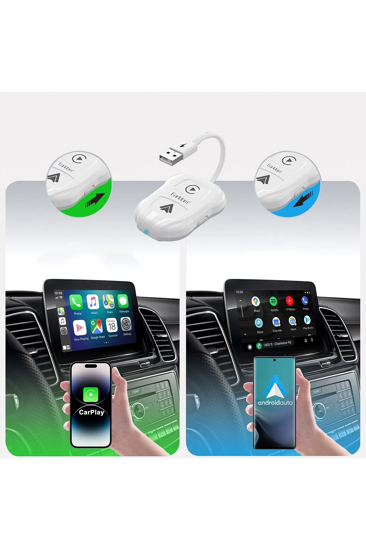 Earldom CP01 Tak Çalıştır 2in1 Type-C to USB Dönüştürücülü Kablosuz CarPlay Adaptör