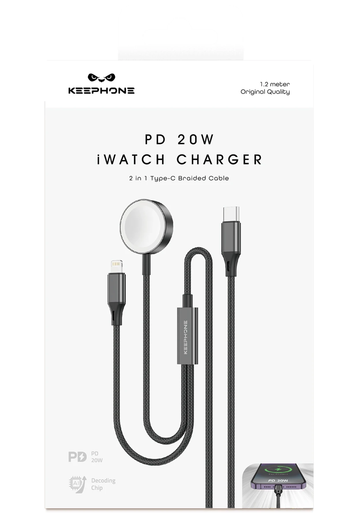Keephone IC-014 Type-C to Lightning ve Kablosuz Saat Şarj Çıkışlı 2in1 Örgü Hızlı Şarj Kablosu