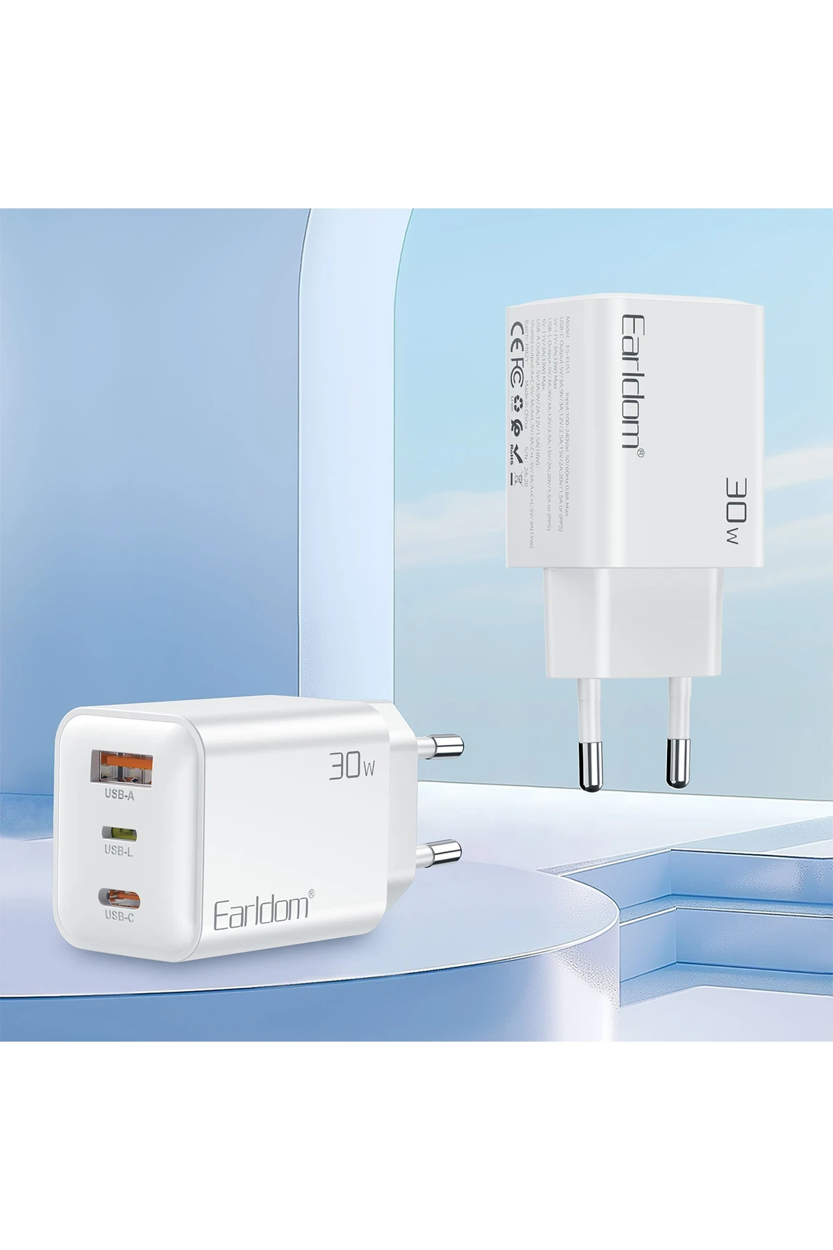 Earldom EU51 Type-C Lightning ve USB Çıkışlı 30W PD Hızlı Şarj Aleti