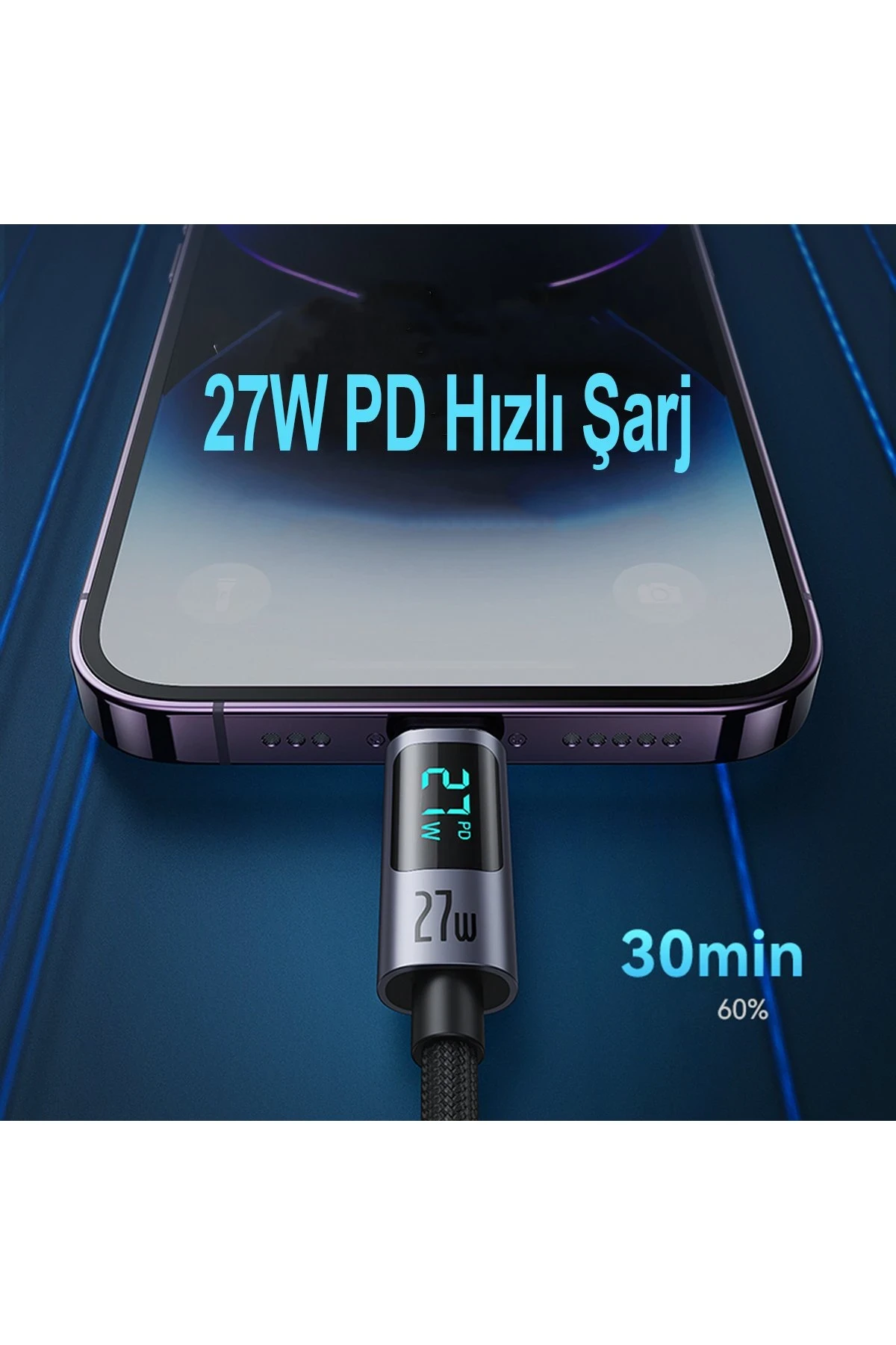 Yesido CA157 1.2M 27W Dijital Göstergeli Hasırlı Type-C to Lightning PD Hızlı Şarj Kablosu