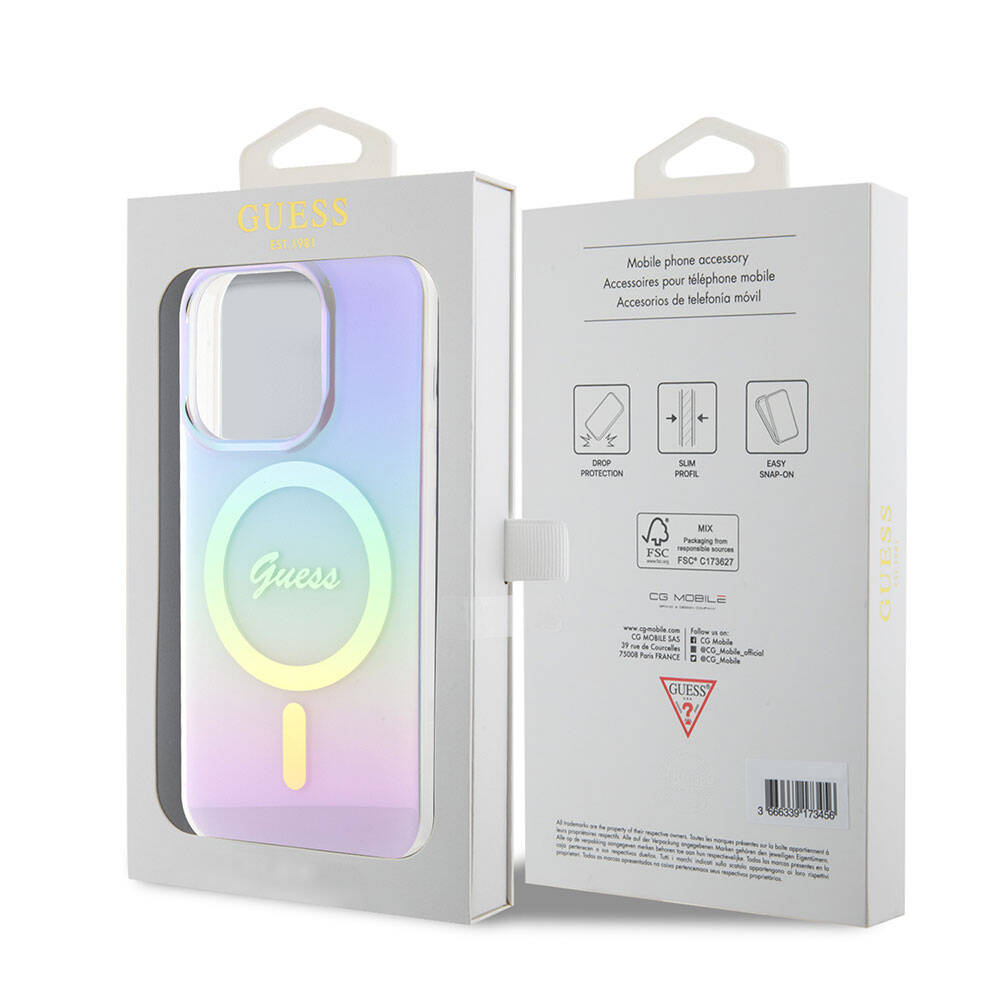Apple iPhone 15 Pro Max Kılıf Guess Orjinal Lisanslı M-safe Şarj Özellikli Yazı Logolu Iridescent Kapak