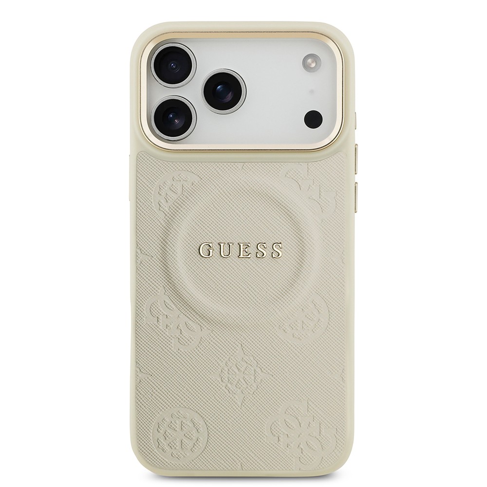 Apple iPhone 17 Pro Max Kılıf Guess Orjinal Lisanslı M-safe Şarj Özellikli Sıcak Baskılı Yazı Logolu PU Deri Peony Kapak