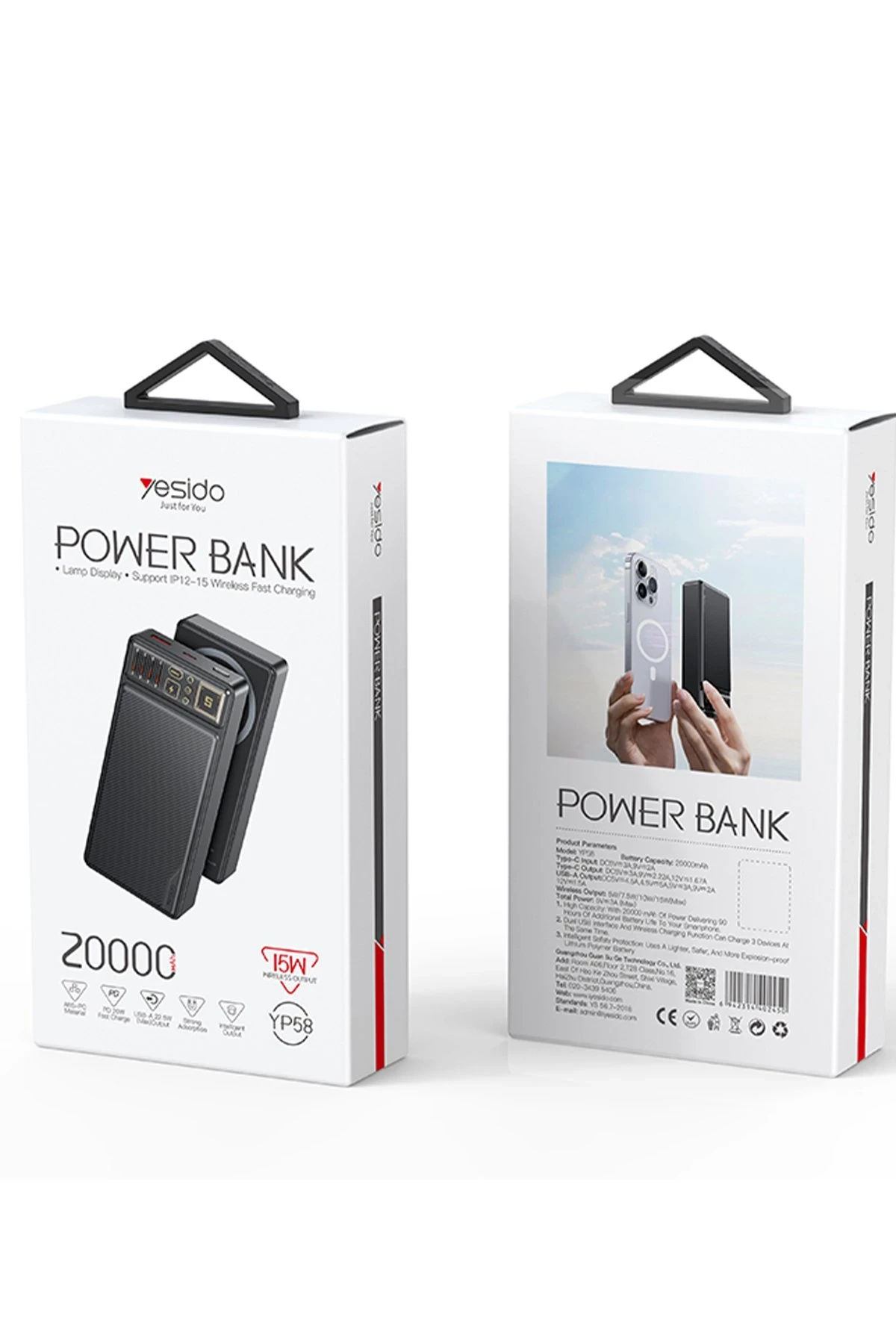 Yesido YP58 20.000 mAh Led Şarj Göstergeli 22.5W USB3.0 ve 20W Type-C Çıkışlı 15W Kablosuz Şarjlı PD Hızlı Şarj Magsafe Powerbank