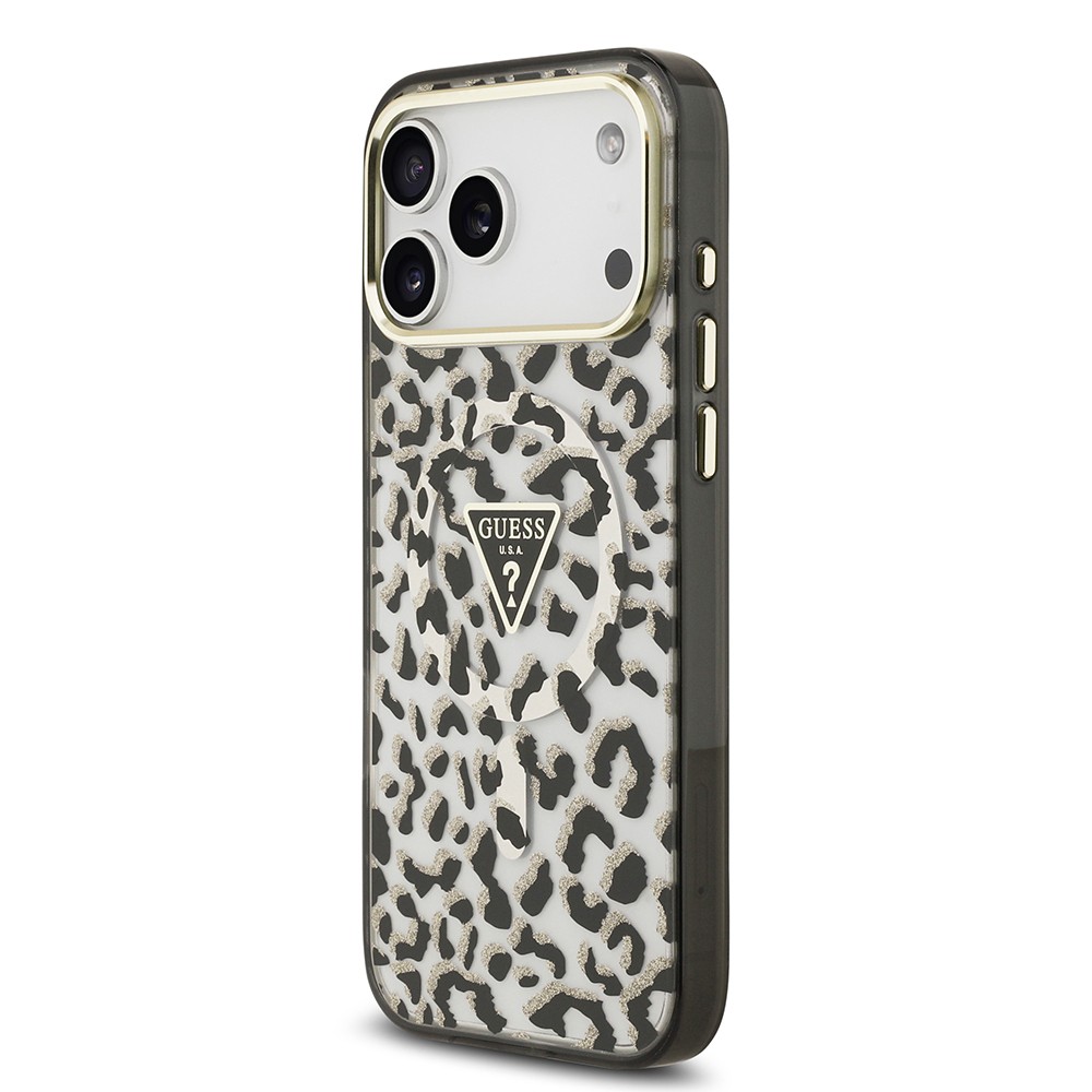 Apple iPhone 17 Pro Max Kılıf Guess Orjinal Lisanslı M-safe Şarj Özellikli Üçgen Logolu Simli Leopar Desenli Kapak