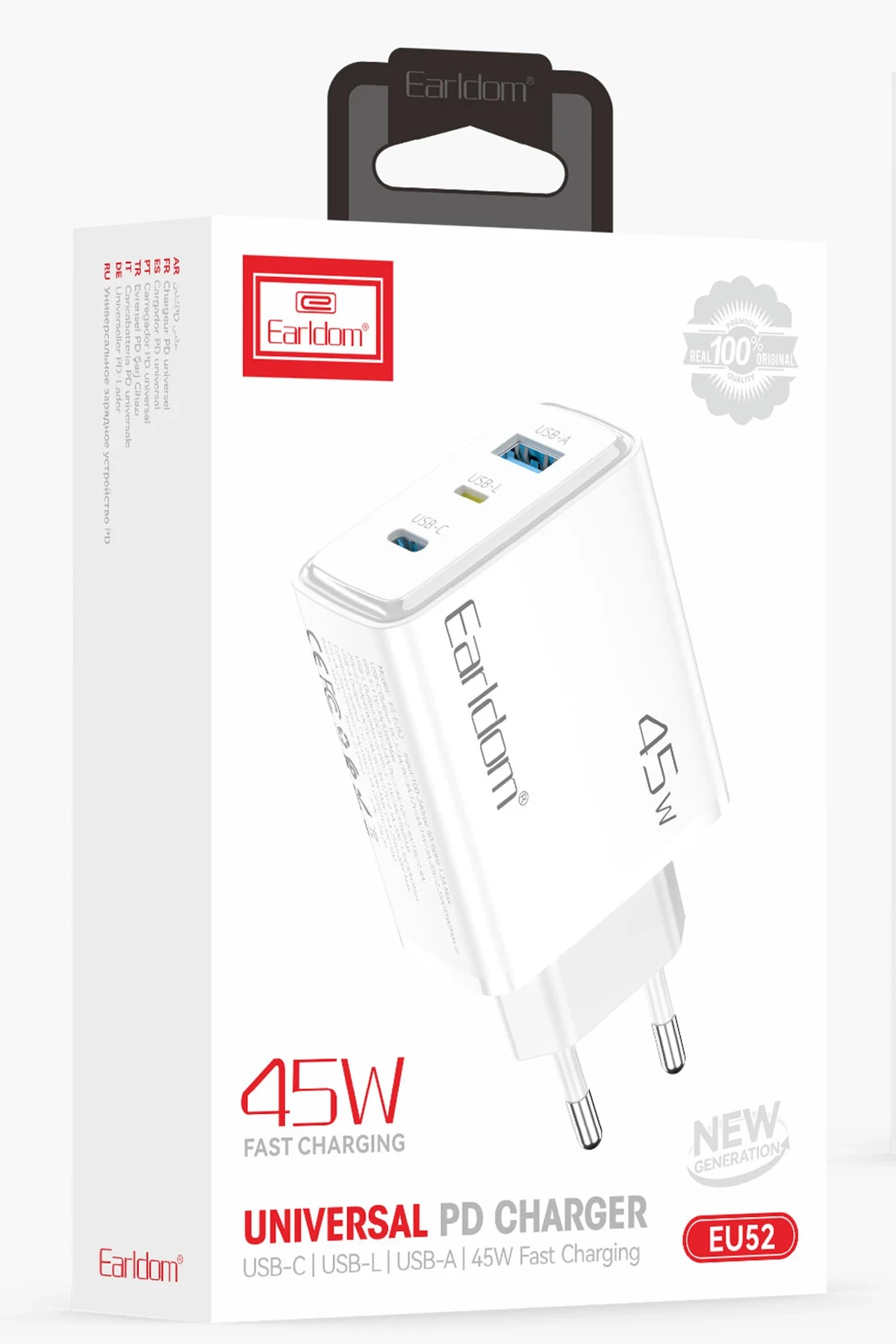 Earldom EU52 Type-C Lightning ve USB Çıkışlı 45W PD Hızlı Şarj Aleti
