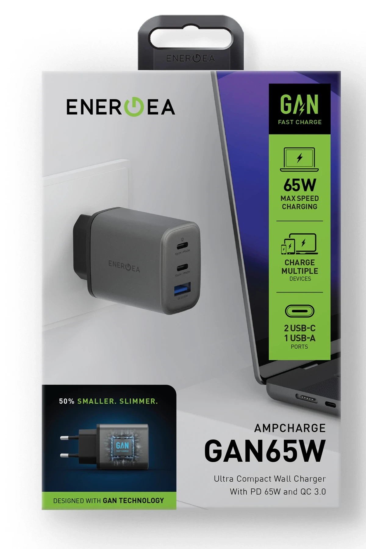 Energea AmpCharge GaN65 2 Adet 65W Type-C ve 30W USB 3.0 Çıkışlı Hızlı Şarj Aleti