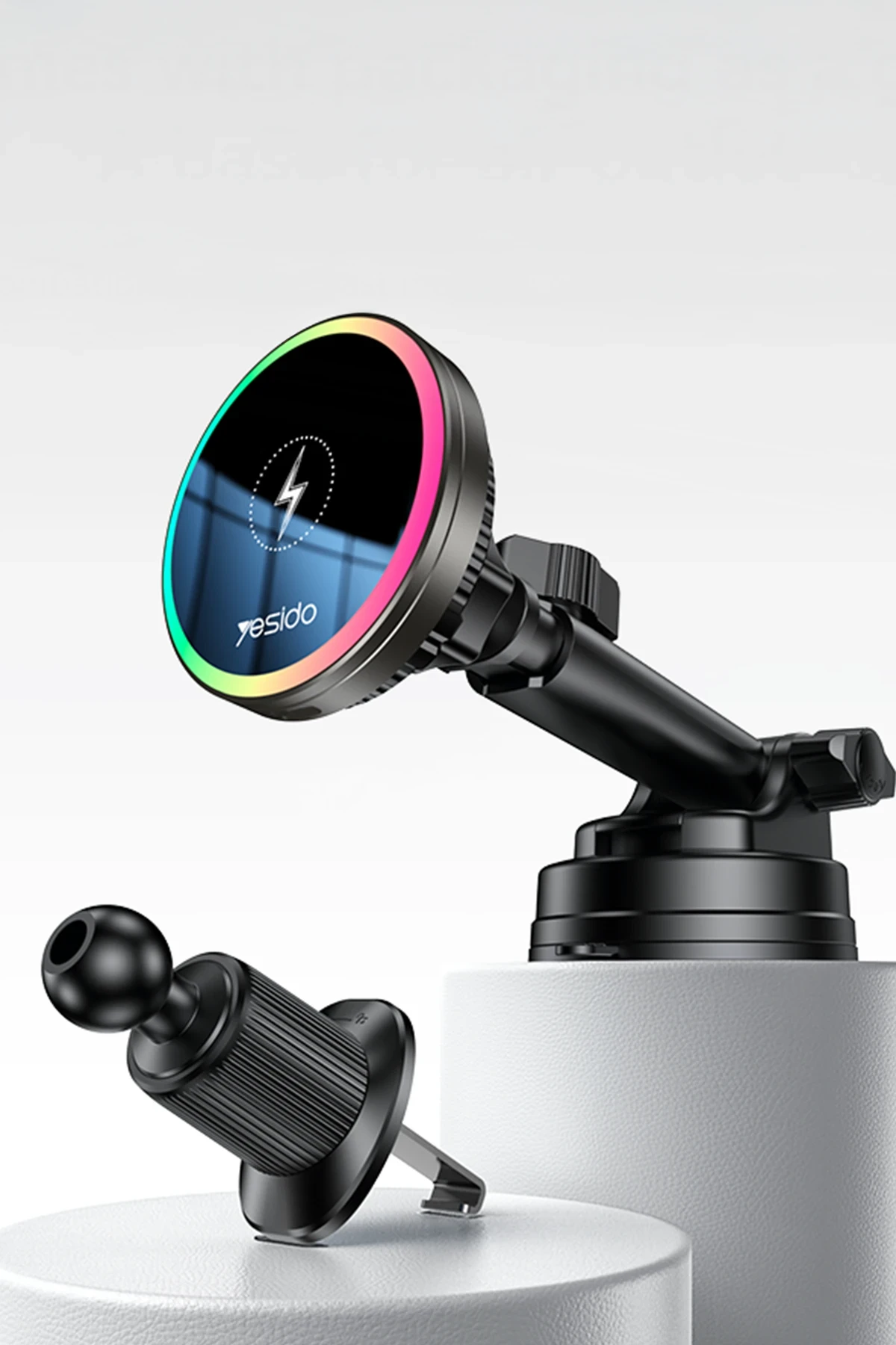 Yesido C315 2in1 Izgara Klipsli ve Vantuzlu 360 Derece Ayarlanabilir RGB Işıklı Cam Yüzeyli Fan Soğutuculu 15W Kablosuz Şarjlı Araç Tutucu