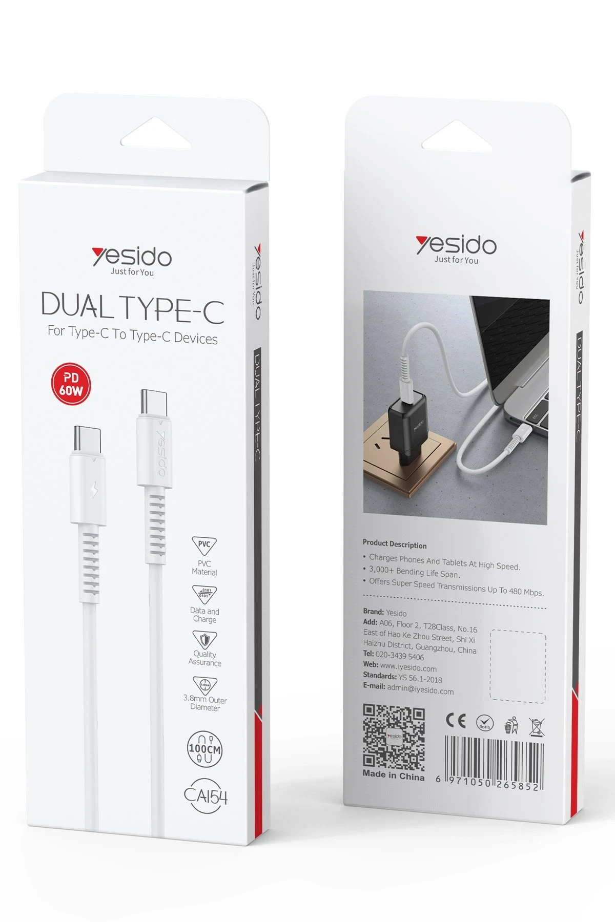 Yesido CA154 1M 60W Type-C to Type-C PD Hızlı Şarj Kablosu