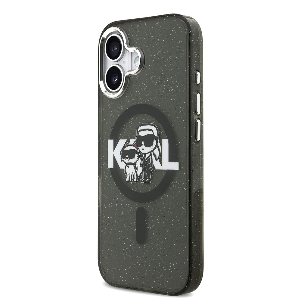 Apple iPhone 17 Kılıf Karl Lagerfeld Orjinal Lisanslı Parlayan Simli Karl & Choupette Sketch Logo Kapak