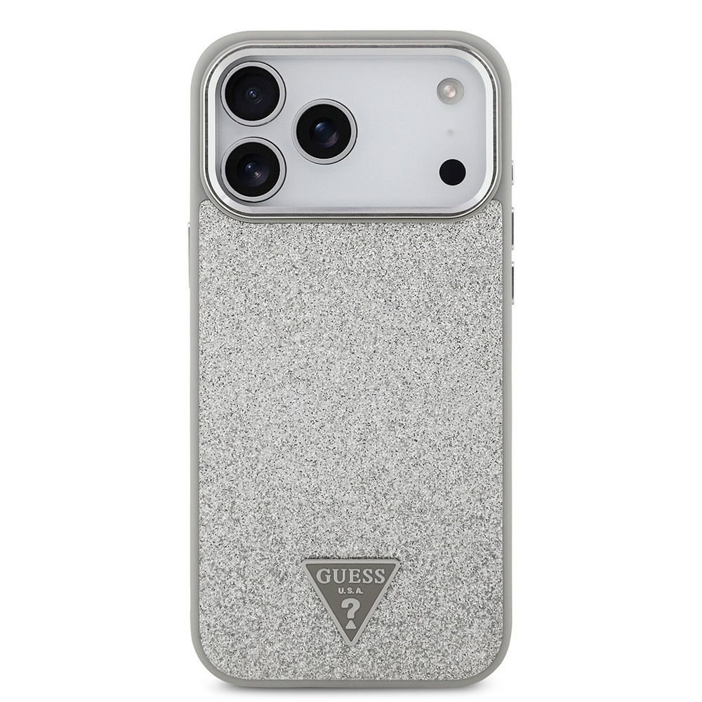 Apple iPhone 17 Pro Max Kılıf Guess Orjinal Lisanslı M-safe Şarj Özellikli Metal Kamera Çerçeveli Üçgen Logolu Glitter Kapak