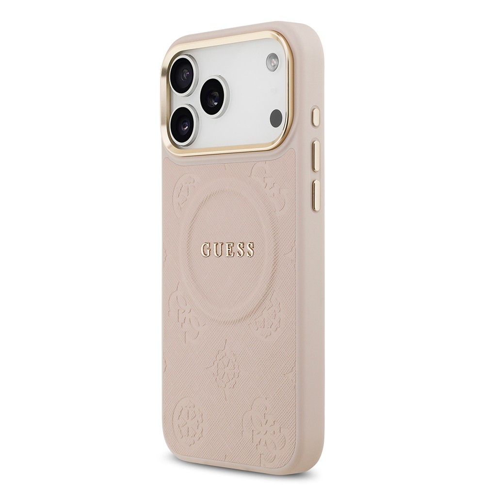 Apple iPhone 17 Pro Max Kılıf Guess Orjinal Lisanslı M-safe Şarj Özellikli Sıcak Baskılı Yazı Logolu PU Deri Peony Kapak