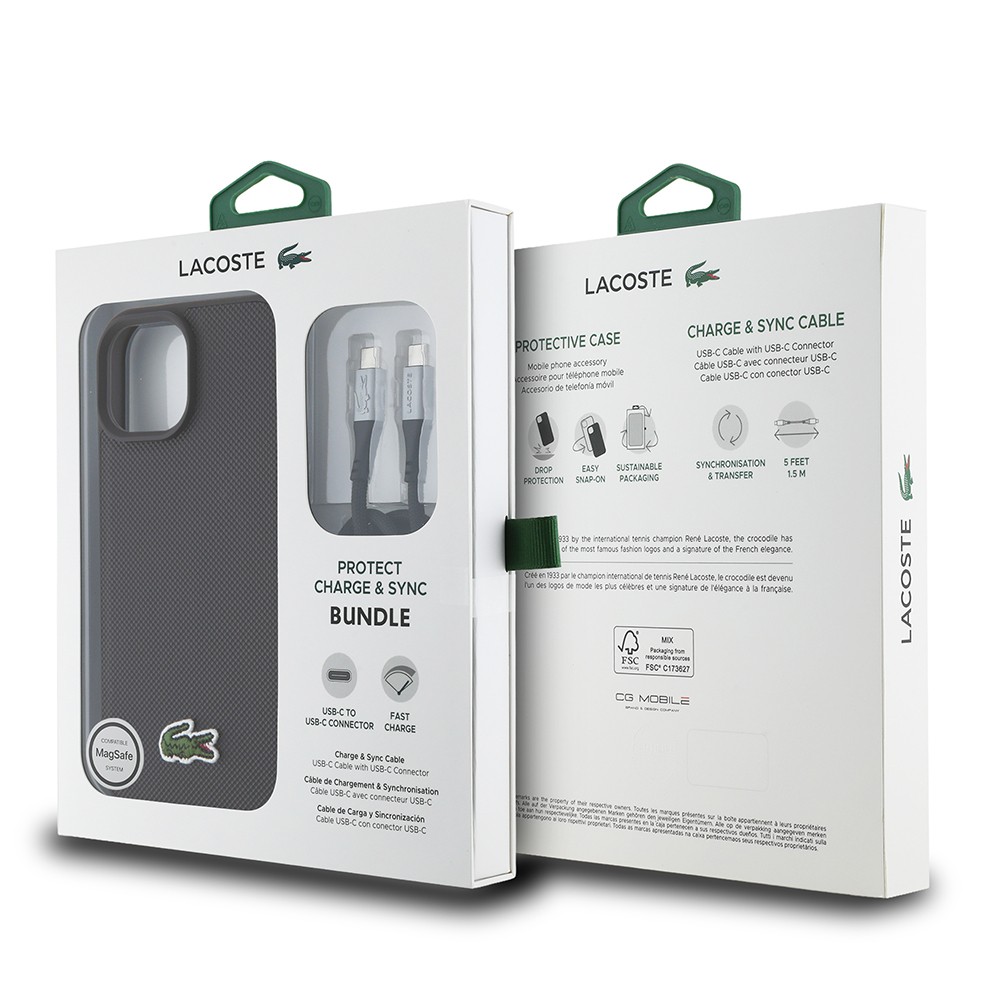 Apple iPhone 15 Kılıf Lacoste Orjinal Lisanslı PU Pike Desenli Arka Yüzey İkonik Timsah Dokuma Logolu Kapak + Type-C Kablo 1.5m