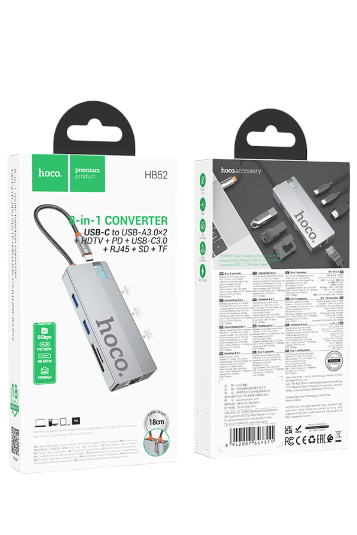 Hoco. HB52 Wow 8in1 100W PD 100 Mbps Ethernet 4K Hub Dönüştürücü