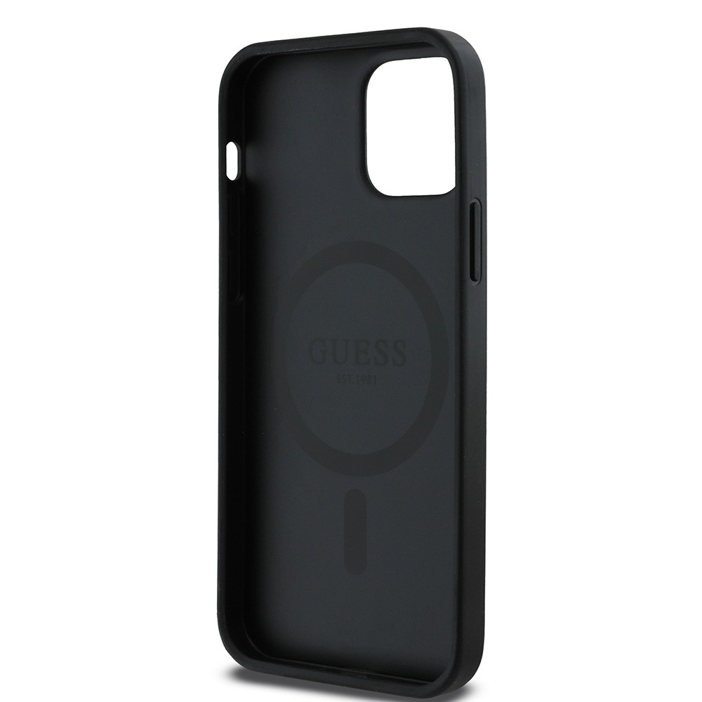 Apple iPhone 12 Kılıf Guess Orjinal Lisanslı M-safe Şarj Özellikli Yazı Logolu Saffiano Classic Kapak