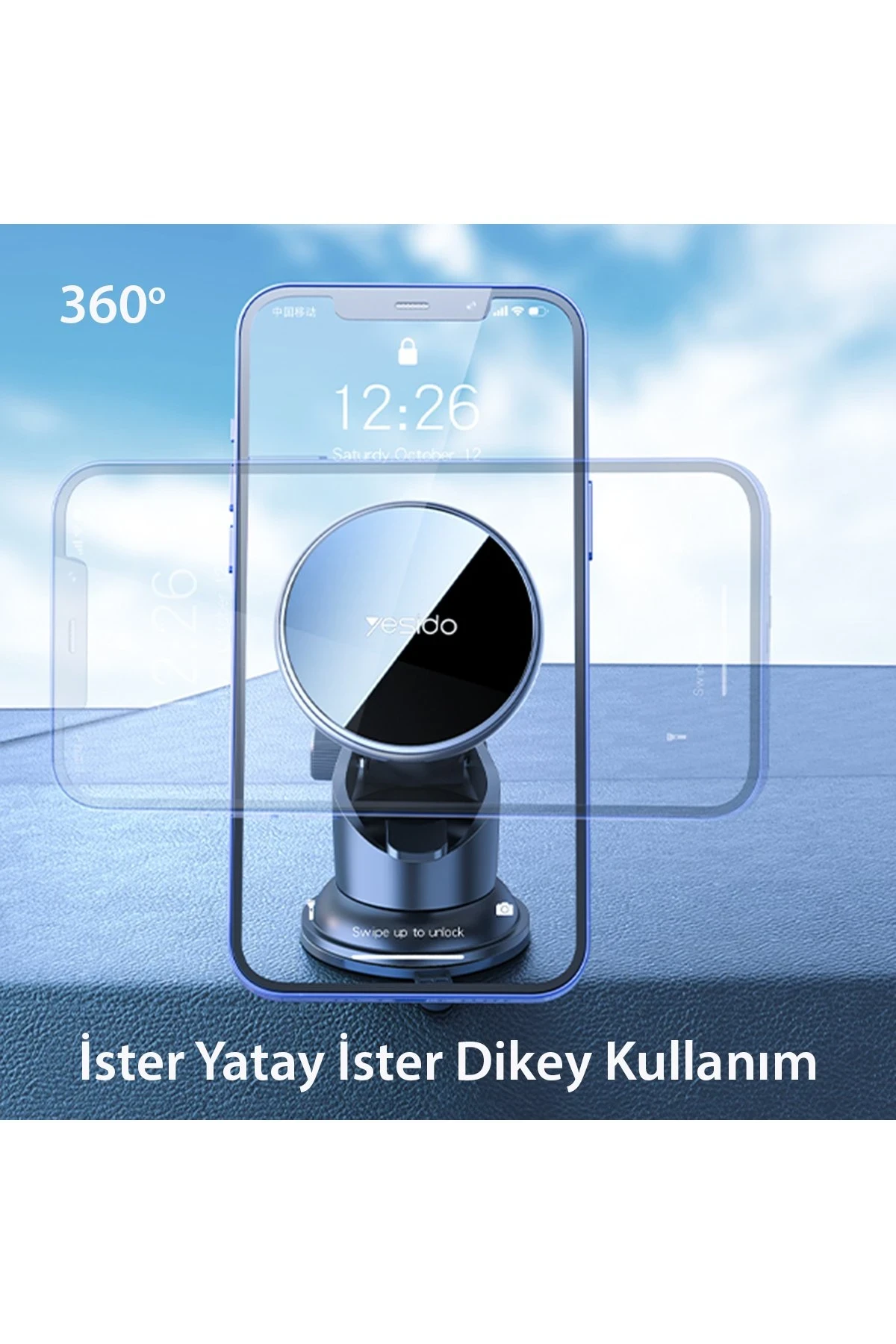 Yesido C132 15W Kablosuz Şarjlı Mıknatıslı Vantuzlu Ayarlanabilir Magsafe Araç Tutucu