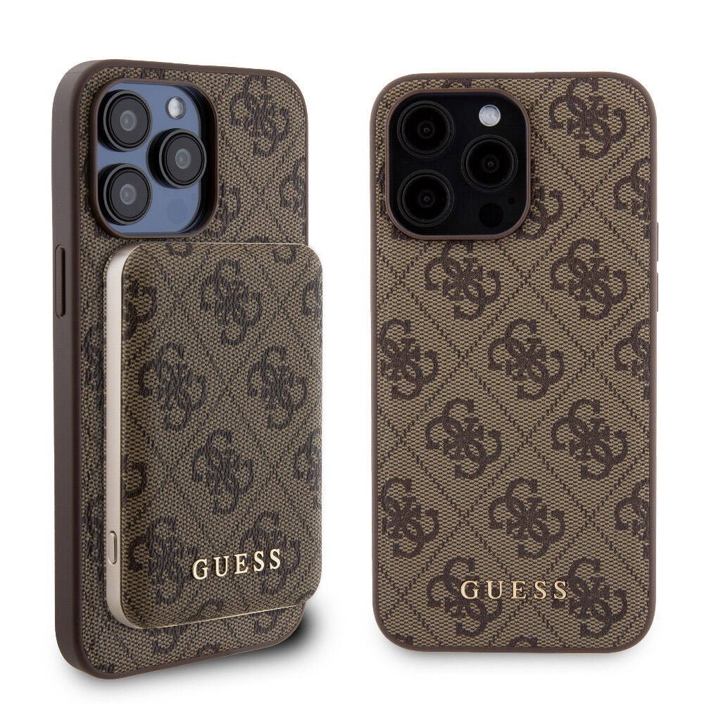 Apple iPhone 15 Pro Max Kılıf Guess Orjinal Lisanslı M-safe Şarj Özellikli Yazı Logolu 4G Desenli Kapak + Powerbank 5000mAh 2in1 Set