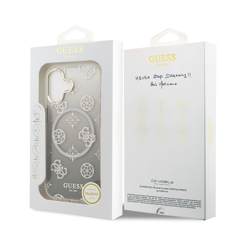 Apple iPhone 17 Kılıf Guess Orjinal Lisanslı M-safe Şarj Özellikli Simli Peony Desenli Silikon Kapak