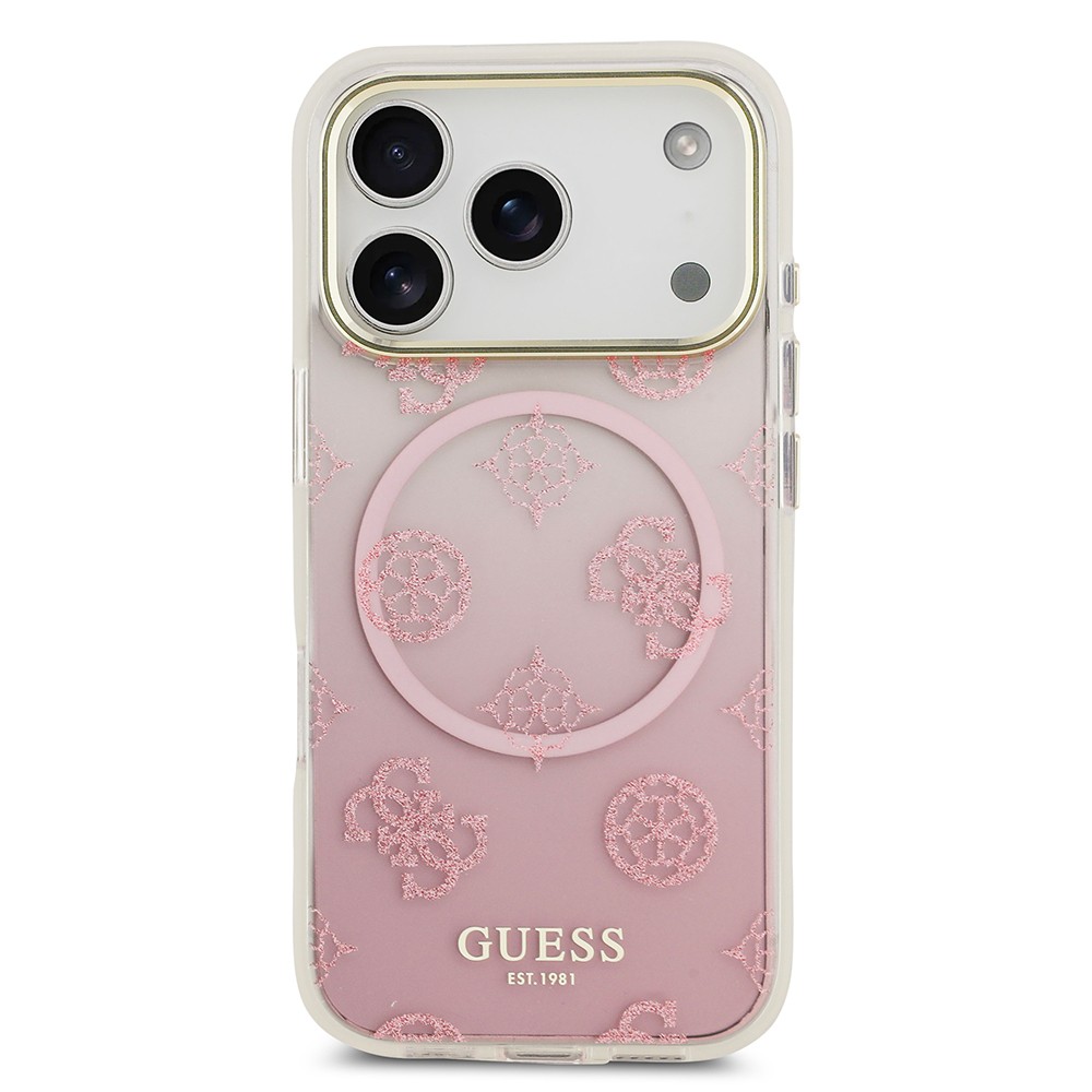 Apple iPhone 17 Pro Kılıf Guess Orjinal Lisanslı M-safe Şarj Özellikli Simli Peony Desenli Silikon Kapak