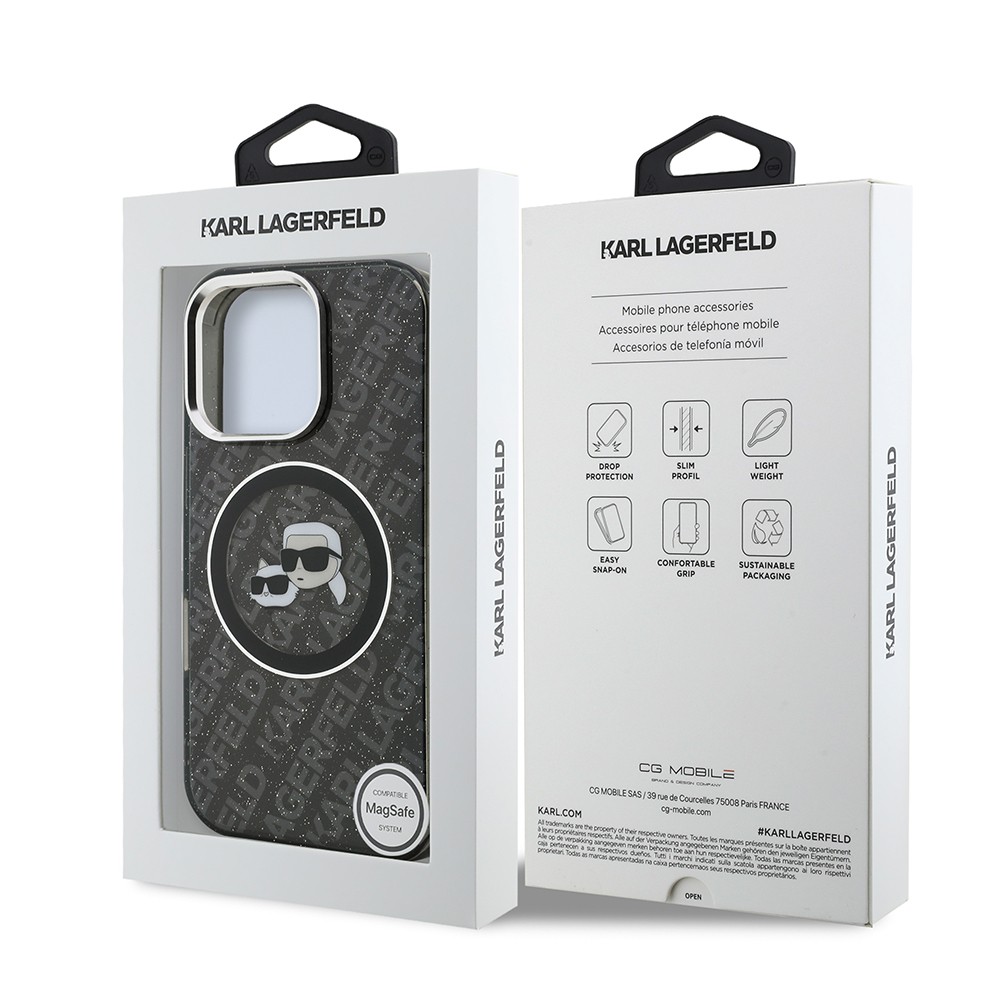 Apple iPhone 16 Pro Kılıf Karl Lagerfeld Orjinal Lisanslı Parlayan Simli Karl & Choupette Heads Kapak