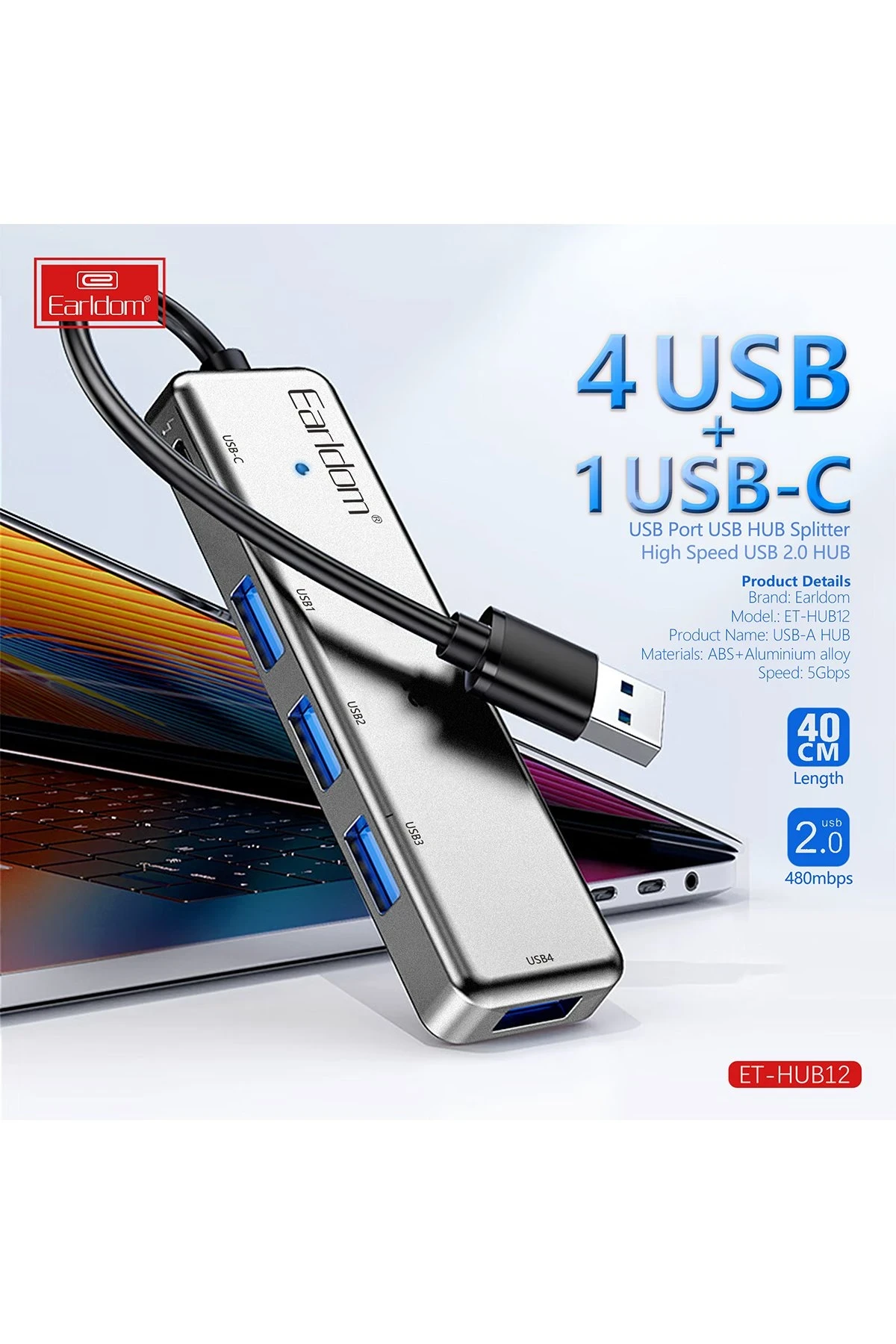 Earldom HUB12 Tak Çalıştır 40cm 4 Adet Usb 2.0 ve 1 Adet Type-C Çıkışlı Usb Çoklayıcı