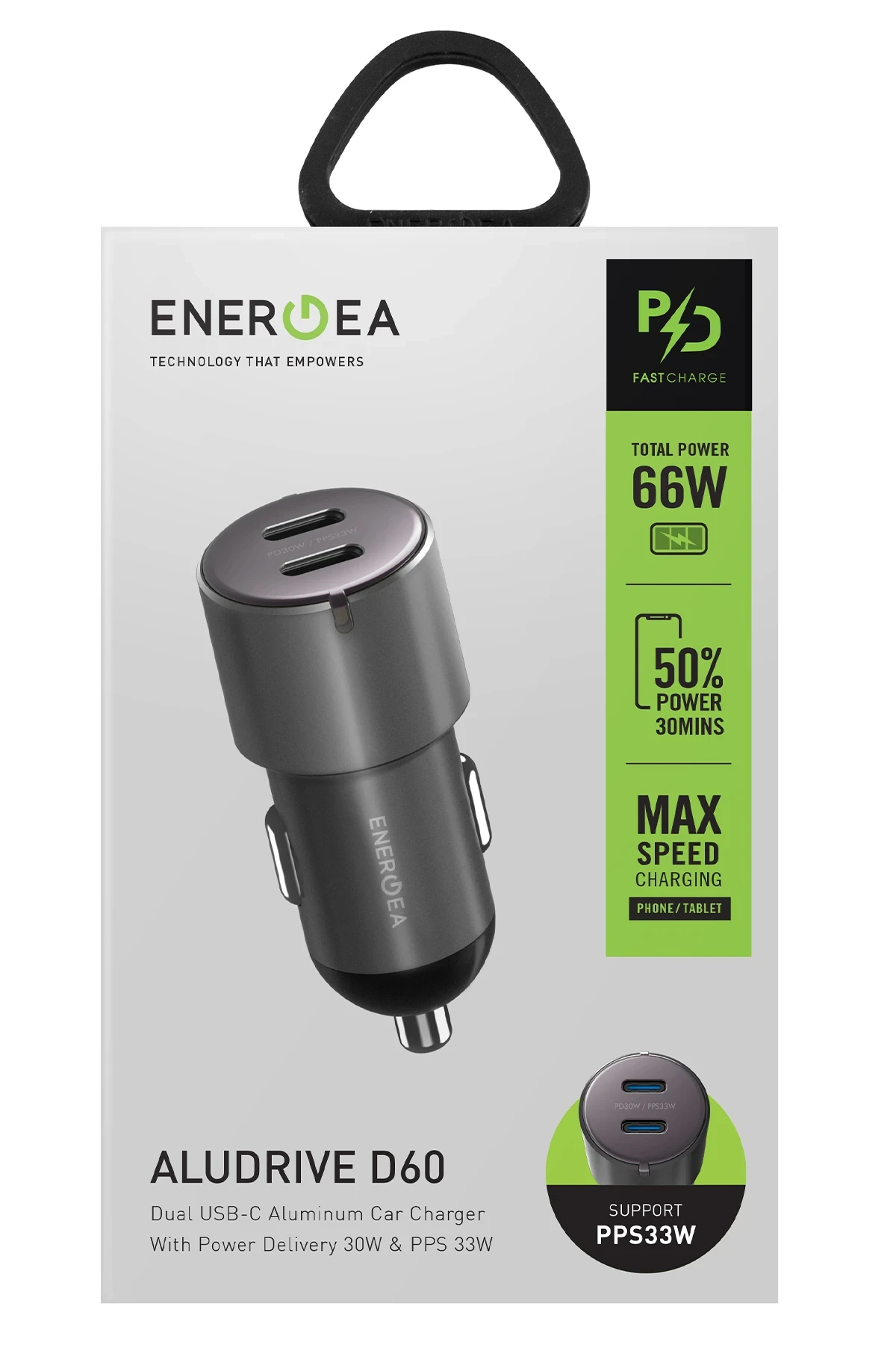 Energea AluDrive D60 66W 2 Adet 33W Type-C Çıkışlı Alüminyum Araç İçi Şarj Aleti