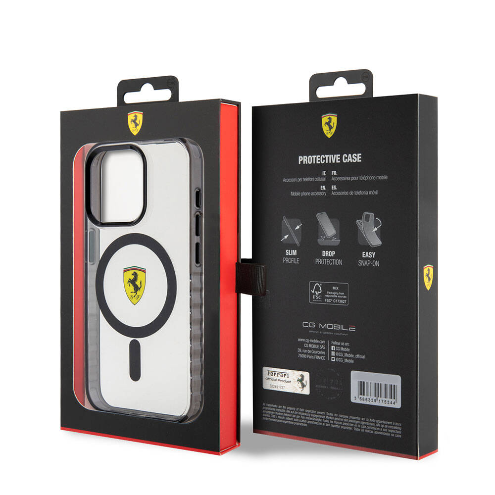 Apple iPhone 15 Pro Max Kılıf Ferrari Orjinal Lisanslı M-safe Şarj Özellikli Tırtıklı Kenar Tasarımlı Ortalanmış Logo Kapak