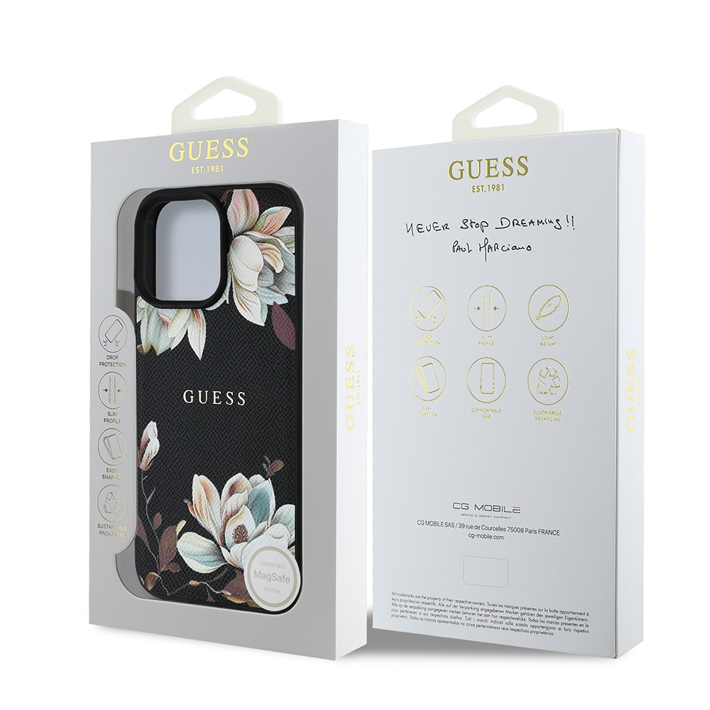 Apple iPhone 16 Pro Kılıf Guess Orjinal Lisanslı M-safe Şarj Özellikli Taneli Çiçek Tasarımlı Metal Yazı Logolu Kapak