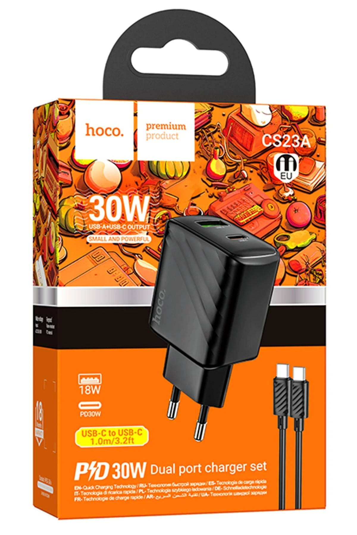 Hoco. CS23A Sunlight 30W 1 Adet Type-C ve 1 Adet USB 3.0 QC Çıkışlı Ekstra Type-C to Type-C Kablolu PD Hızlı Şarj Aleti