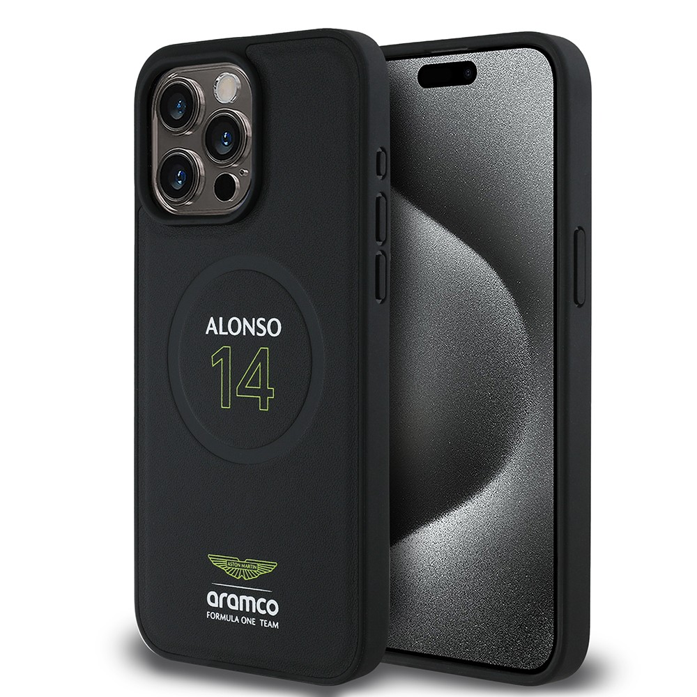 Apple iPhone 15 Pro Max Kılıf Aston Martin Orjinal Lisanslı M-safe Şarj Özellikli PU Deri Alonso 14 Baskılı Kapak