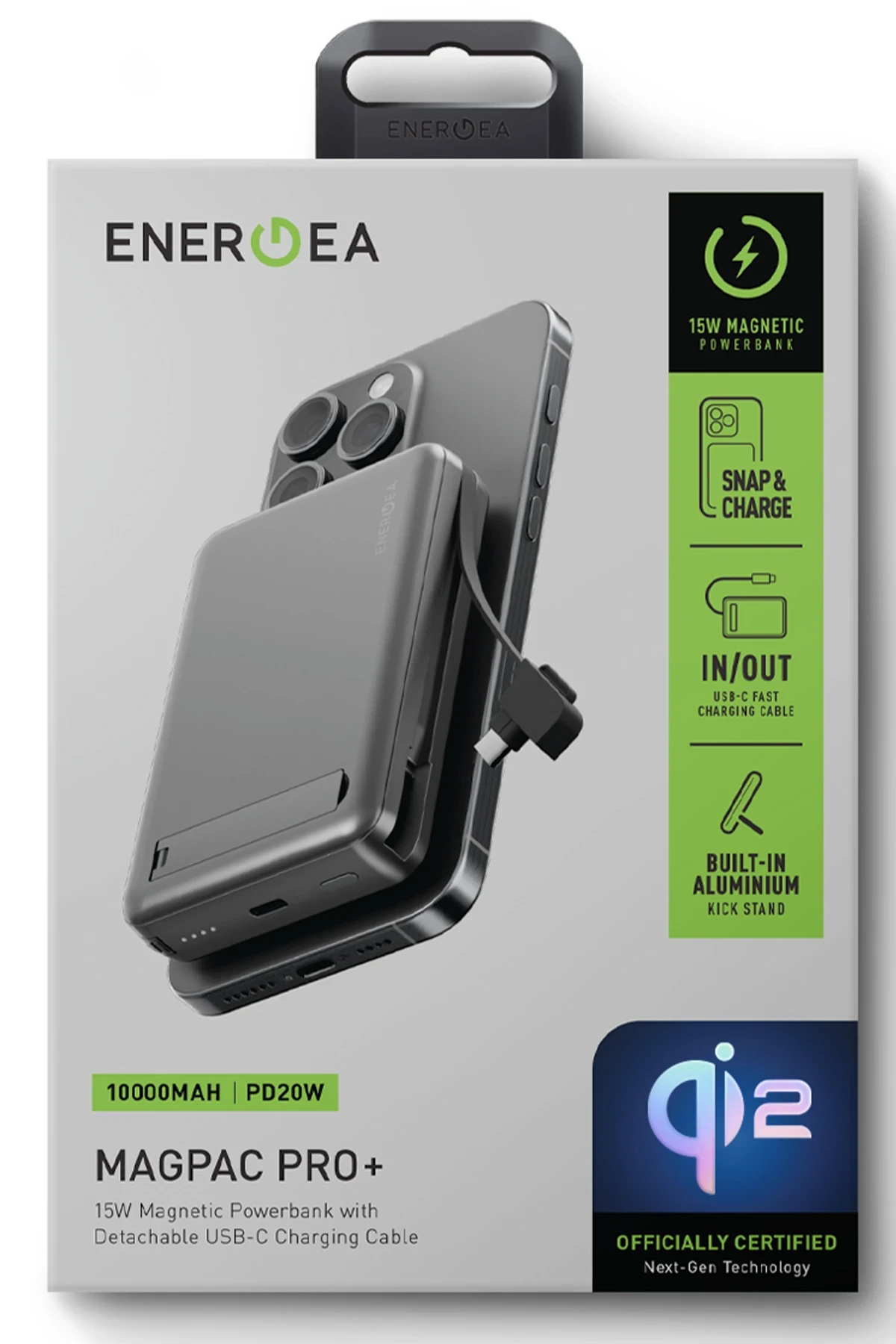 Energea MagPac Pro Plus 10.000 mAh 1 Adet 20W Type-C 1 Adet 20W Type-C Kablo ve 15W Kablosuz Şarj Çıkışlı PD Hızlı Şarj Magsafe Powerbank