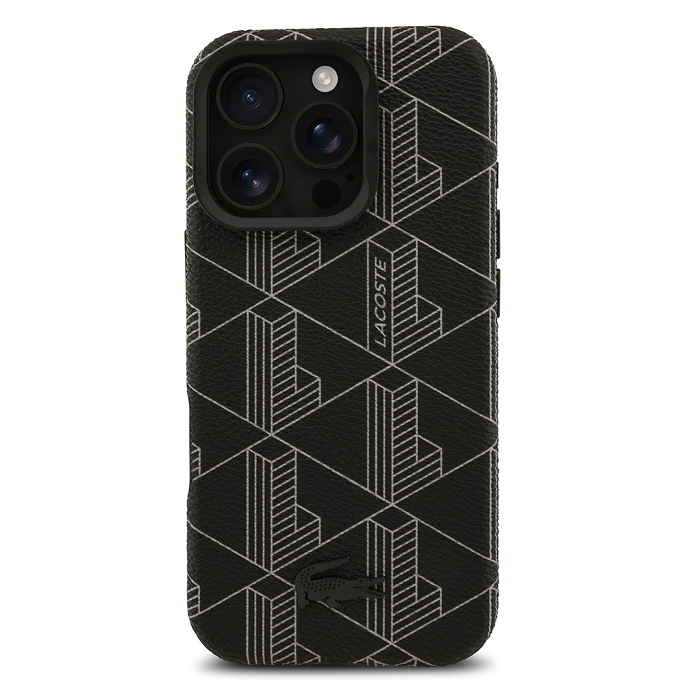 Apple iPhone 16 Pro Max Kılıf Lacoste Orjinal Lisanslı M-safe Şarj Özellikli Standlı PU Deri Karışık Monogram Desenli Kapak