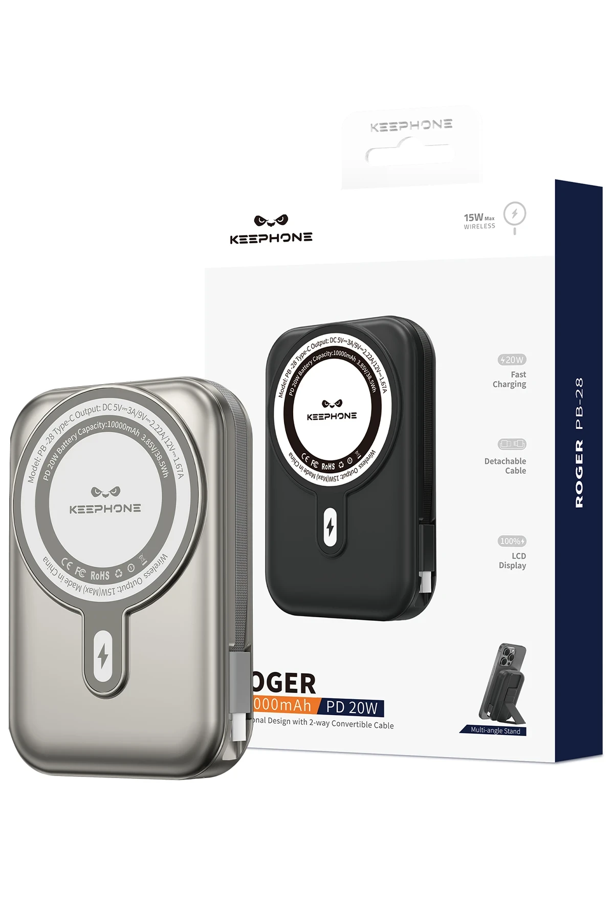 Keephone PB28 Roger 10.000 mAh 20W Type-C 20W Lightning 15W Kablosuz Şarj PD Magsafe Powerbank