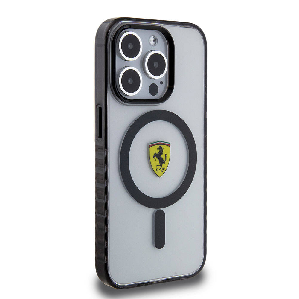 Apple iPhone 15 Pro Max Kılıf Ferrari Orjinal Lisanslı M-safe Şarj Özellikli Tırtıklı Kenar Tasarımlı Ortalanmış Logo Kapak