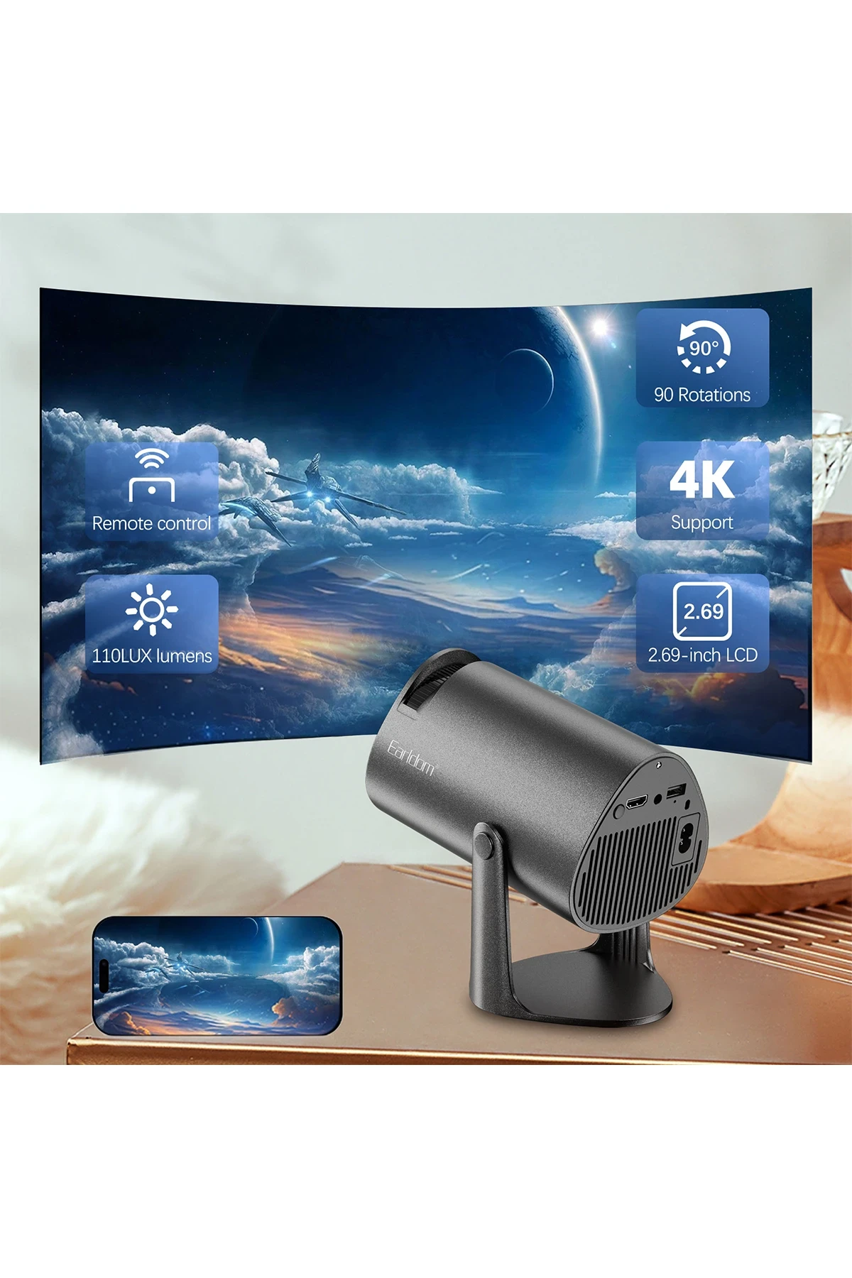 Earldom PJ04 4K Wifi Android Akıllı Projeksiyon Cihazı