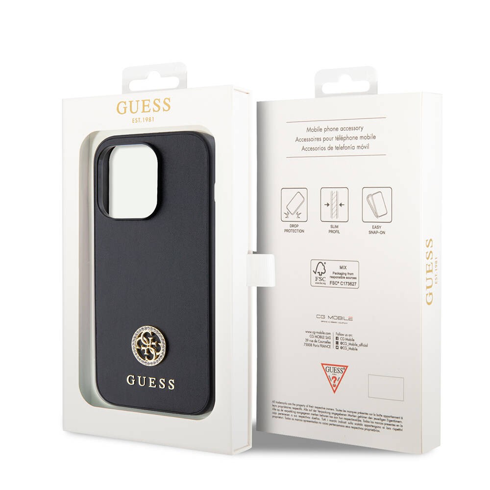 Apple iPhone 14 Pro Max Kılıf Guess Orjinal Lisanslı Deri 4G Metal Logo Strass Kapak
